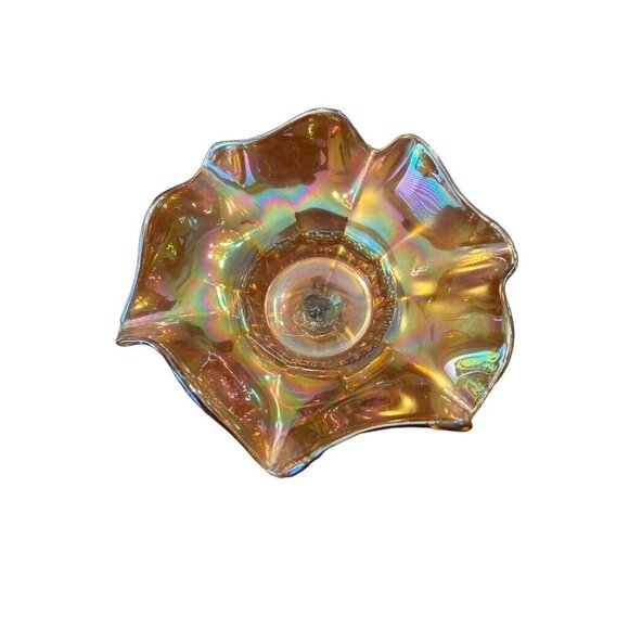 Iridescent Marigold Compote Glass Ruffled Edge Candy/nut Dish 5 in H Pedestal - Picture 2 of 4